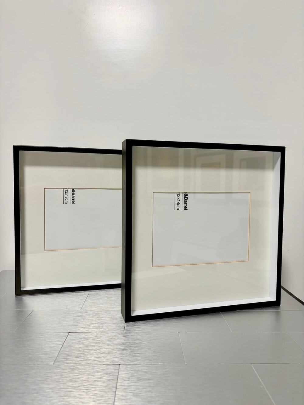 Set of Two Crate & Barrel Brushed Black Shadow Box Picture Frames, Matted 5x7"